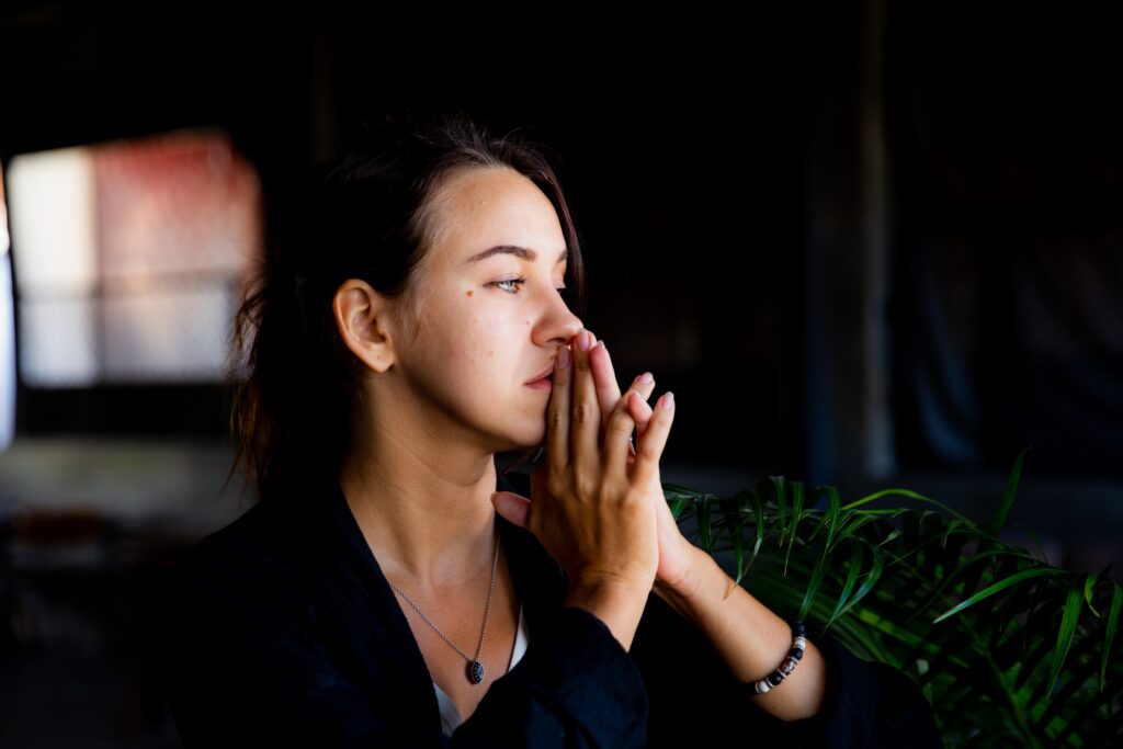 portrait of beautiful brunette woman thinking and 2025 02 22 11 11 04 utc